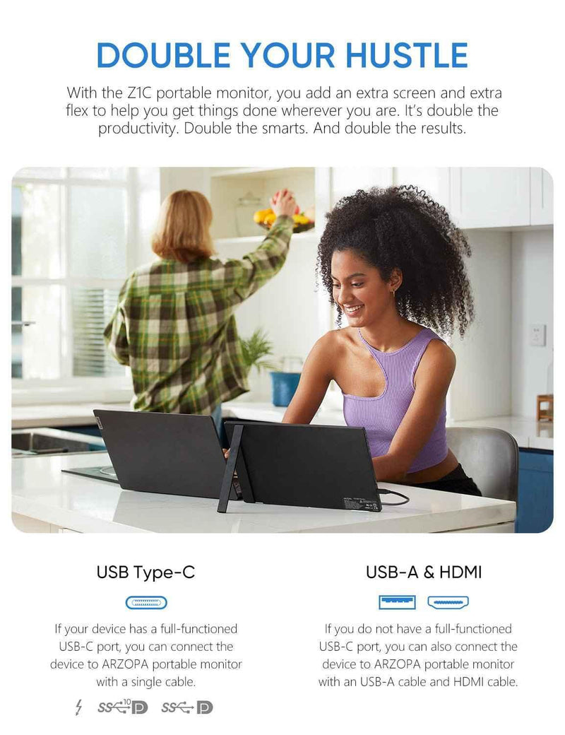 Arzopa Z1C Monitor Portátil - 16.1" Full HD 1080P Extensor de Monitor 100% sRGB