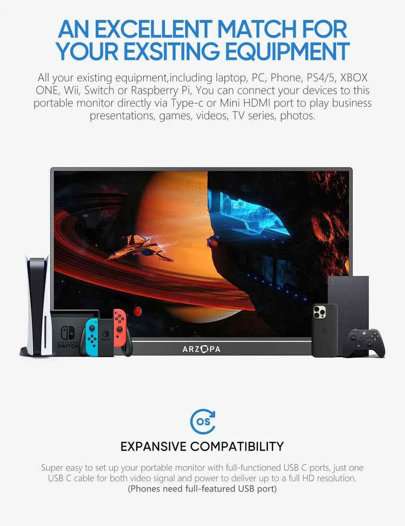 Arzopa A1M 17.3'' Ultrafino Monitor Portátil - 1080P FHD, IPS Tela Extendida