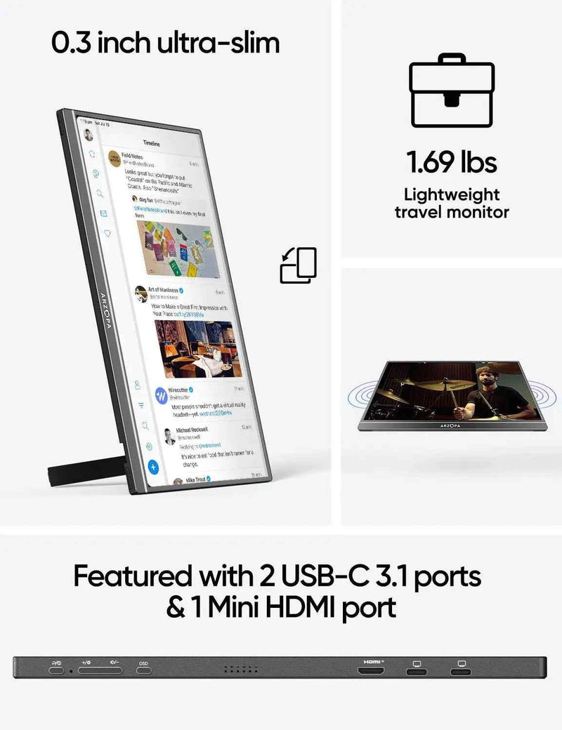 Arzopa A1M 17.3'' Ultrafino Monitor Portátil - 1080P FHD, IPS Tela Extendida