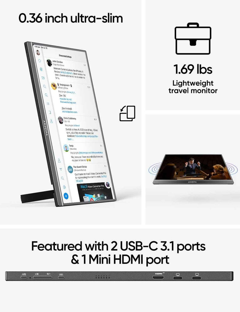 Arzopa Z1C Monitor Portátil - 16.1" Full HD 1080P Extensor de Monitor 100% sRGB