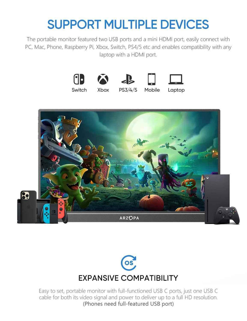 Arzopa Z1C Monitor Portátil - 16.1" Full HD 1080P Extensor de Monitor 100% sRGB