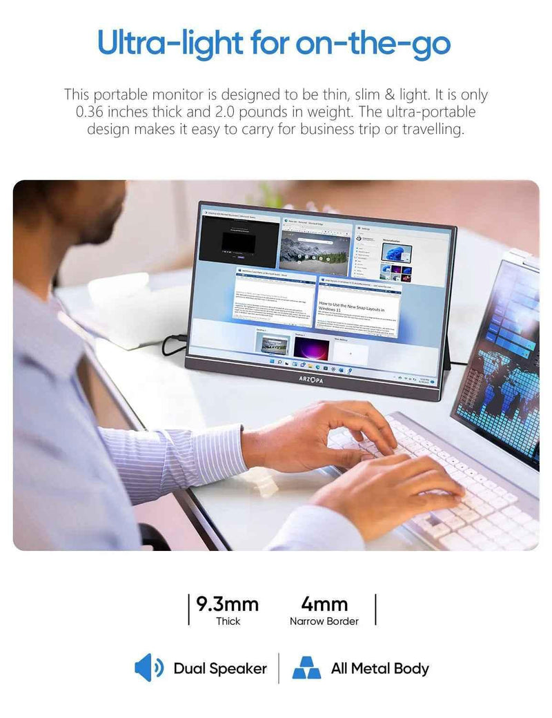 Arzopa A1M 17.3'' Ultrafino Monitor Portátil - 1080P FHD, IPS Tela Extendida
