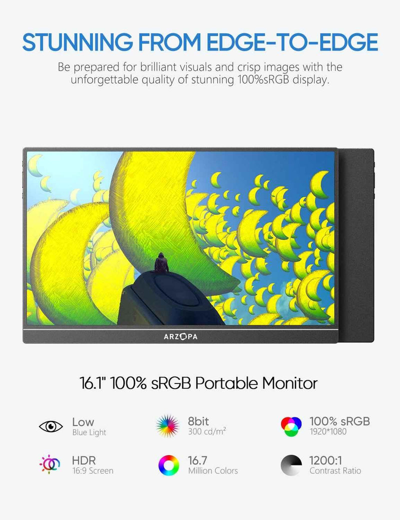 Arzopa Z1C Monitor Portátil - 16.1" Full HD 1080P Extensor de Monitor 100% sRGB