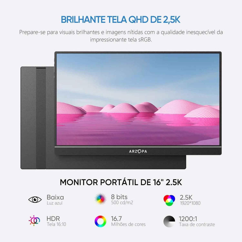 Arzopa Z1RC - 2.5K Monitor Portátil De 16 Polegadas QHD 500nits Com Tela IPS