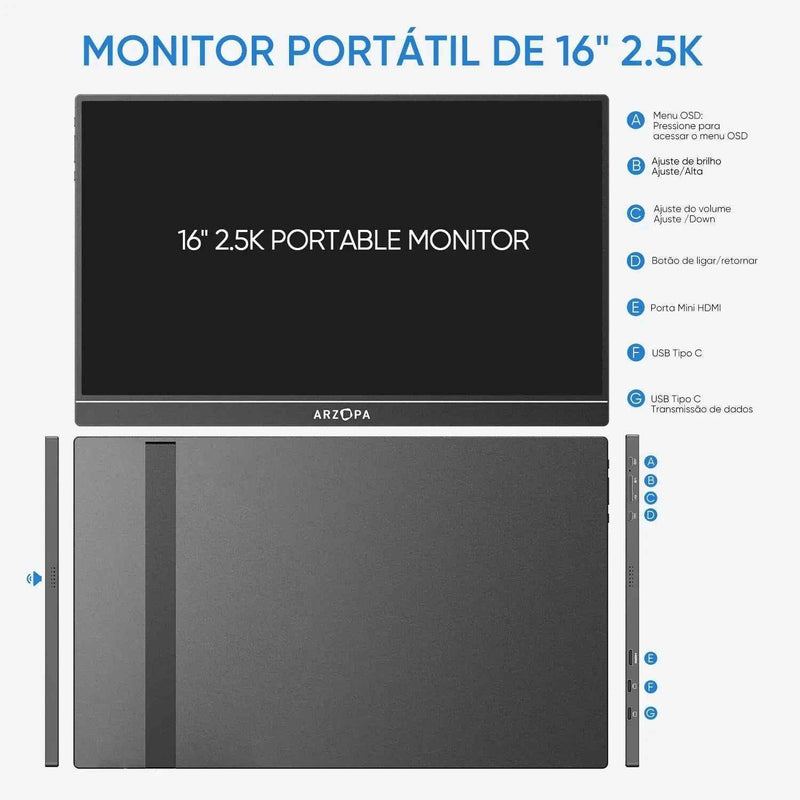 Arzopa Z1RC - 2.5K Monitor Portátil De 16 Polegadas QHD 500nits Com Tela IPS